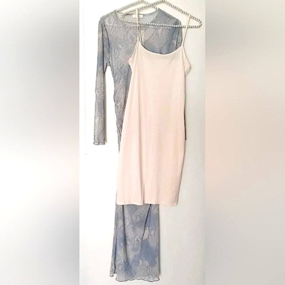 5/$50 No Comment Sheer Rouched Maxi Dress Snake Print Pink/Green/Grey Sz. S - Picture 3 of 6